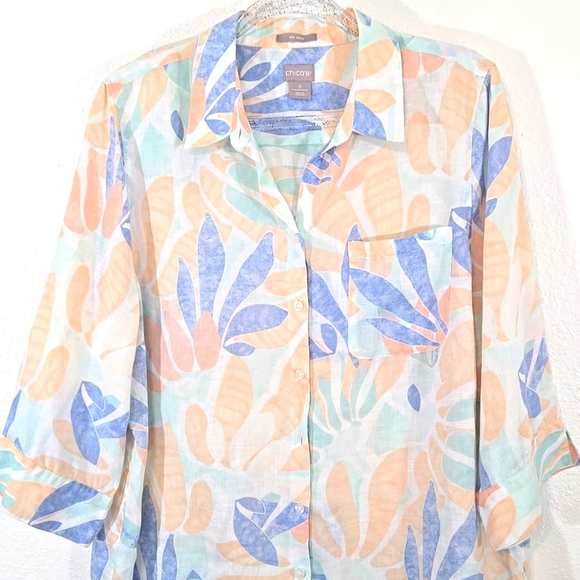 Chico's 100% Linen Leaf Print No Iron Button Up Long Tunic Top, 3 (16/18) - Picture 2 of 5